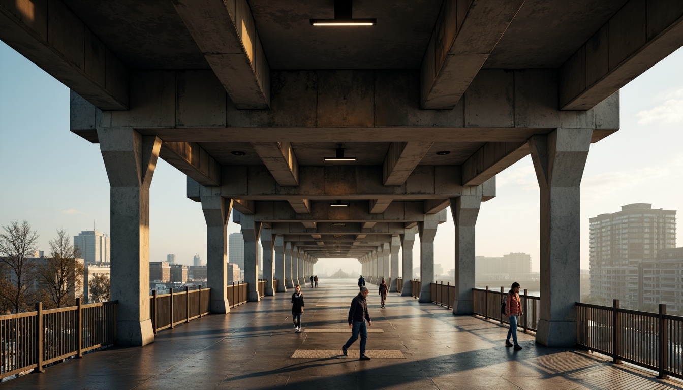 Prompt: Rugged pedestrian bridge, brutalist architecture, raw concrete textures, exposed ductwork, industrial metal railings, weathered steel beams, minimalist lighting, functional simplicity, urban cityscape, busy street activity, misty morning atmosphere, soft warm lighting, shallow depth of field, 1/2 composition, cinematic view, realistic materials, ambient occlusion.