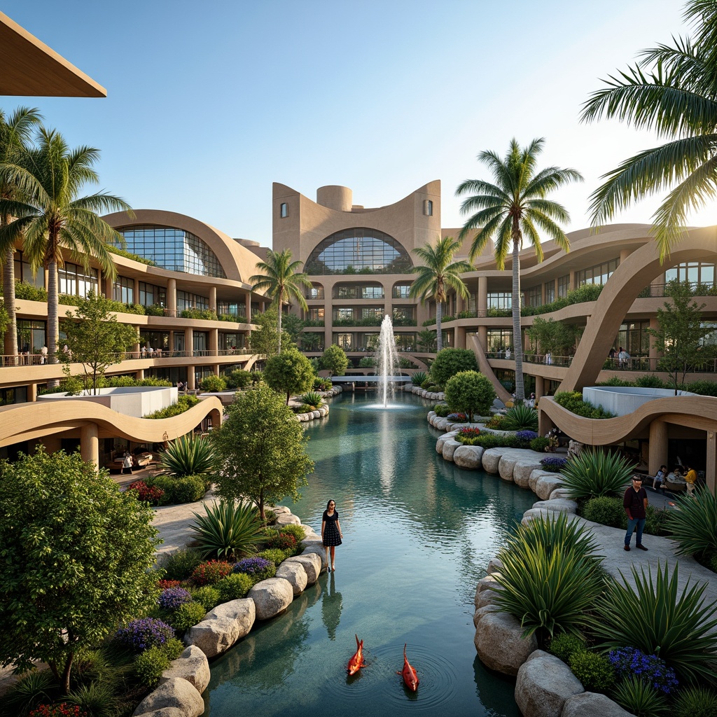 Prompt: Luxuriant casino resort, curved blob-like architecture, lush green roofs, tropical palm trees, winding water features, Koi ponds, vibrant floral arrangements, natural stone walls, modern steel structures, glass facades, cantilevered overhangs, soft warm lighting, misting systems, shallow depth of field, 3/4 composition, panoramic view, realistic textures, ambient occlusion, sunny day, clear blue sky, vast open space.