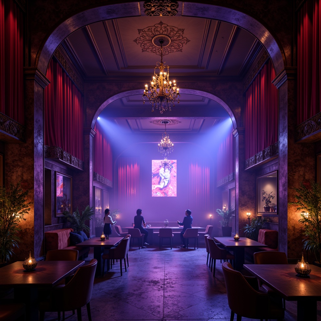 Prompt: Dark mysterious nightclub, eerie ambiance, rich velvet drapes, luxurious crimson red walls, deep indigo blue accents, metallic silver decorations, dimly lit dance floor, foggy atmosphere, strobing neon lights, ornate gothic arches, heavy stone columns, mystical purple hues, lavish gold leafing, mysterious crypt-like spaces, dramatic spotlights, intense shadows, mystical symbolism, intricate stone carvings, dark wood paneling, lavish chandeliers, eerie candlelight, mysterious alcoves.