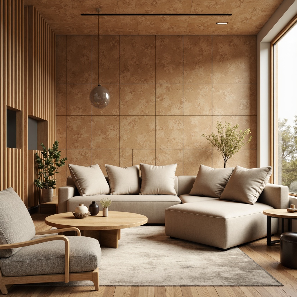 Prompt: Natural cork textures, minimalist decor, warm beige tones, subtle grain patterns, sleek low-profile furniture, simple geometric shapes, industrial metal accents, soft ambient lighting, Scandinavian-inspired aesthetic, monochromatic color scheme, organic natural materials, earthy undertones, cozy intimate atmosphere, shallow depth of field, 1/1 composition, realistic rendering.