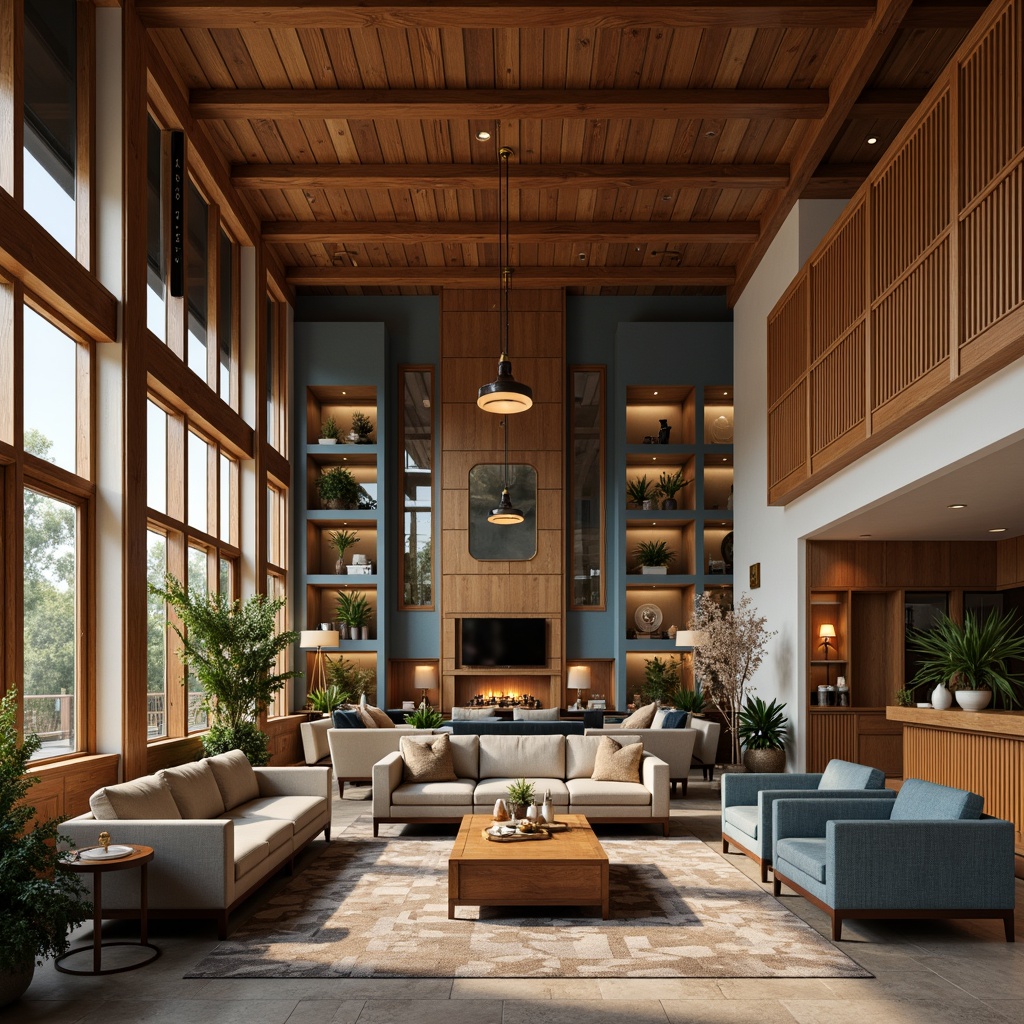 Prompt: Warm inviting lobby, rich wood accents, comfortable seating areas, plush furnishings, earthy tones, soft beige walls, calming blue hues, metallic gold details, sophisticated lighting fixtures, cozy fireplaces, natural stone floors, lush greenery, warm atmospheric ambiance, 1/2 composition, shallow depth of field, soft focus, realistic textures.