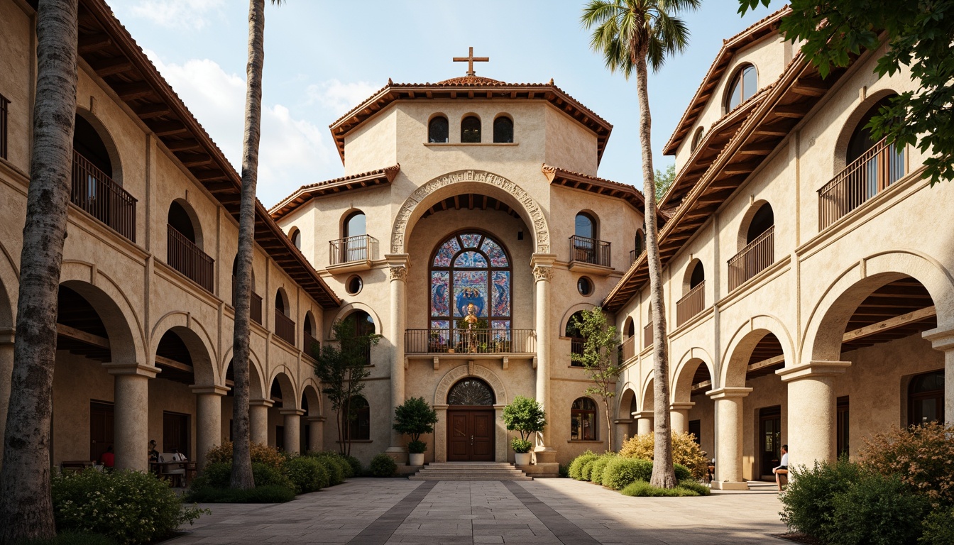 Prompt: Intricate stone carvings, ornate Gothic arches, grandiose monastery facade, eclectic mix of Romanesque and Byzantine styles, warm beige stonework, rustic terracotta roofing, majestic bell towers, grand entrance portals, intricate frescoes, vibrant stained glass windows, mystical ambiance, soft warm lighting, 1/1 composition, realistic textures, ambient occlusion.