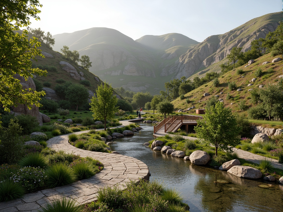 Prompt: Harmonious hillside, lush green vegetation, winding stone pathways, serene water features, rustic wooden bridges, natural rock formations, rolling hills, sunny afternoon, soft warm lighting, shallow depth of field, 3/4 composition, panoramic view, realistic textures, ambient occlusion, modern eco-friendly architecture, sustainable landscape design, organic garden beds, native plant species, meandering streams, scenic lookout points.