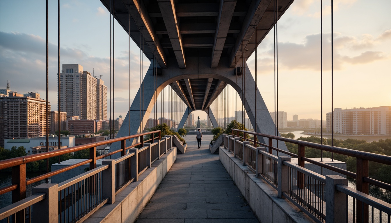 Prompt: Sleek bridge architecture, international style, modern urban landscape, steel beams, cables, suspension systems, rust-resistant coatings, weathered metal accents, exposed concrete piers, minimalist railings, LED lighting strips, misty atmospheric effects, warm golden hour, shallow depth of field, 1/1 composition, symmetrical framing, realistic reflections, ambient occlusion, industrial textures, urban cityscape, riverbank scenery.