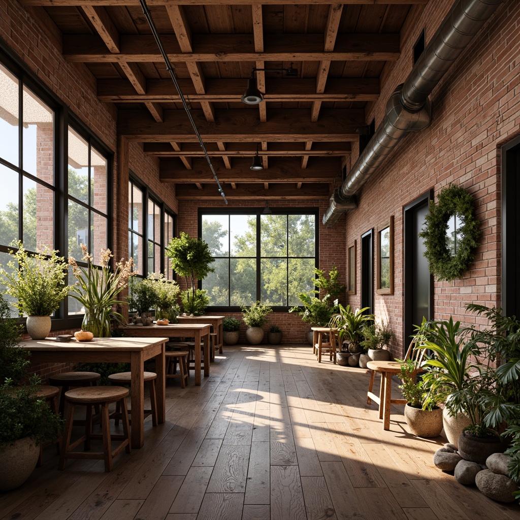 Prompt: Rustic loft building, exposed brick walls, wooden beams, metal accents, reclaimed wood floors, industrial-style lighting, earthy color palette, natural stone foundations, lush greenery, blooming flowers, vintage decorative elements, distressed textures, warm cozy atmosphere, soft warm lighting, shallow depth of field, 3/4 composition, realistic renderings, ambient occlusion.Let me know if you need any adjustments!