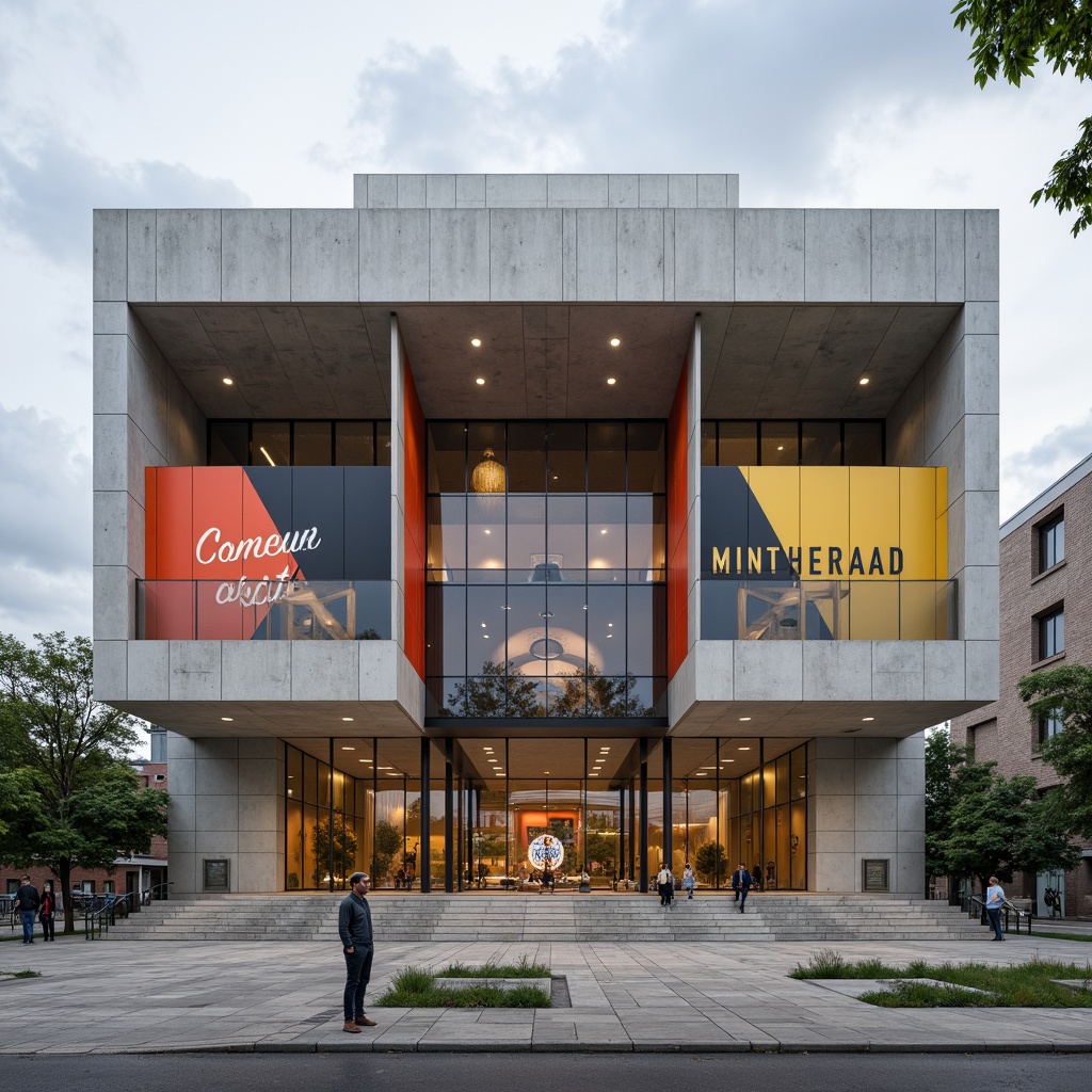 Prompt: Monumental memorial center, asymmetrical facade, bold geometric forms, primary color scheme, industrial materials, exposed concrete walls, steel beams, minimalist ornamentation, functional typography, cantilevered roofs, dramatic shadows, harsh daylight, high-contrast lighting, 1/1 composition, central axis symmetry, brutalist architectural influences, commemorative plaques, solemn atmosphere, natural stone flooring, abstract sculptures, urban surroundings, cloudy sky.