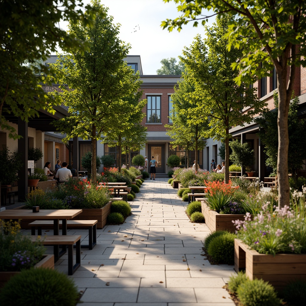 Prompt: Cozy coffee shop patio, lush greenery, vibrant flowers, rustic wooden benches, natural stone pathways, modern outdoor lighting, warm ambiance, comfortable seating areas, decorative planters, blooming trees, soft morning sunlight, shallow depth of field, 3/4 composition, intimate atmosphere, realistic textures, ambient occlusion.