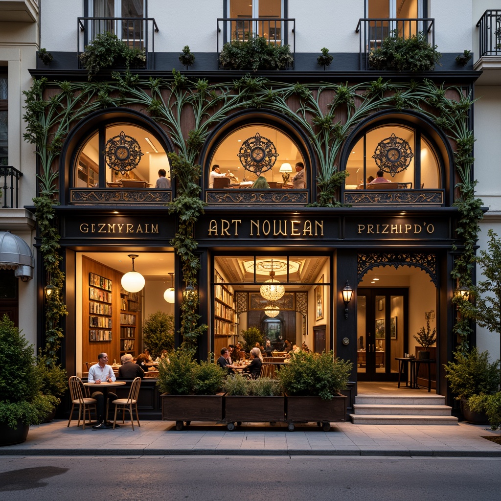 Prompt: Ornate Art Nouveau restaurant facade, flowing organic lines, sinuous curves, botanical motifs, intricate ironwork, stained glass windows, ornamental doorways, grand entrance arches, carved wooden decorations, vintage signage, warm golden lighting, soft focus, shallow depth of field, 1/2 composition, atmospheric perspective, realistic textures, subtle ambient occlusion.