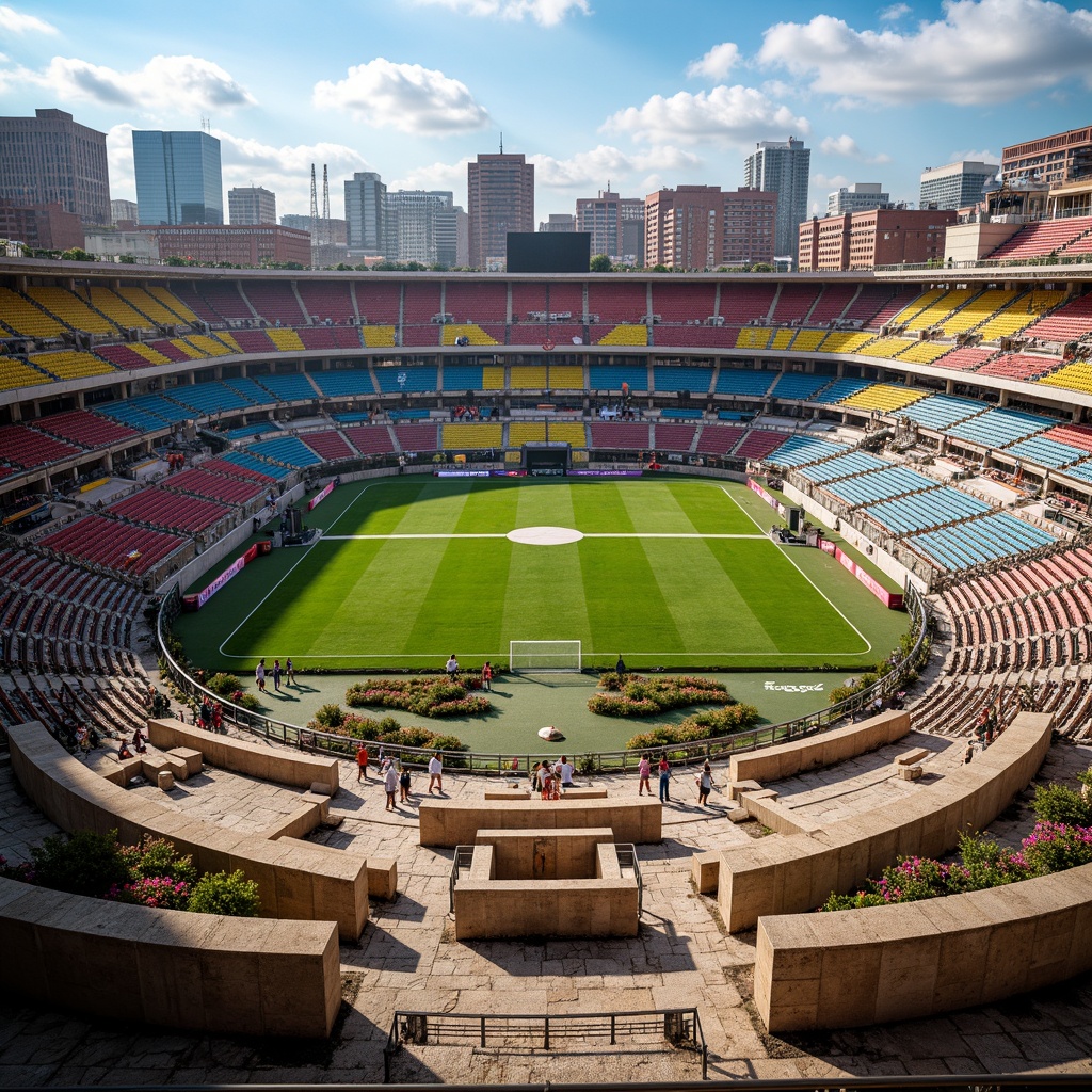 Prompt: Vibrant stadium, cultural fusion, ancient ruins, modern amenities, ornate facades, traditional motifs, geometric patterns, ethnic textiles, bold color schemes, dynamic lighting systems, 1/1 composition, dramatic shadows, high-angle shot, realistic rendering, atmospheric effects, warm sunny day, excited crowd, sports equipment, athletic tracks, green grass fields, urban cityscape, bustling streets, eclectic architecture, historical landmarks.