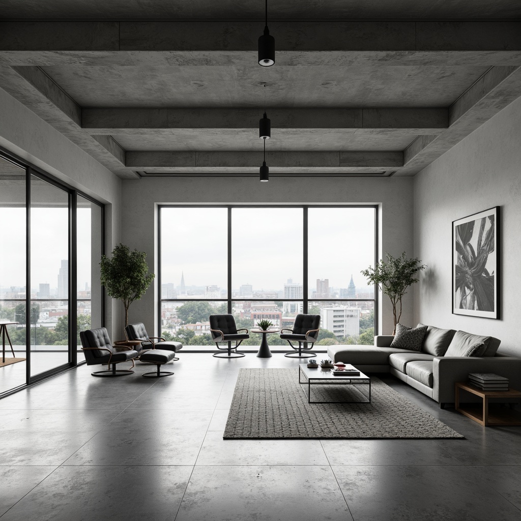 Prompt: Open-plan living space, minimal ornamentation, monochromatic color scheme, sleek low-profile furniture, polished concrete floors, industrial-chic metal beams, floor-to-ceiling windows, sliding glass doors, urban cityscape views, soft diffused natural light, 1/1 composition, shallow depth of field, realistic textures, ambient occlusion, functional zoning, circular pathway, cozy reading nook, built-in shelving units, geometric patterned rugs, Scandinavian-inspired decor, modern abstract artwork.