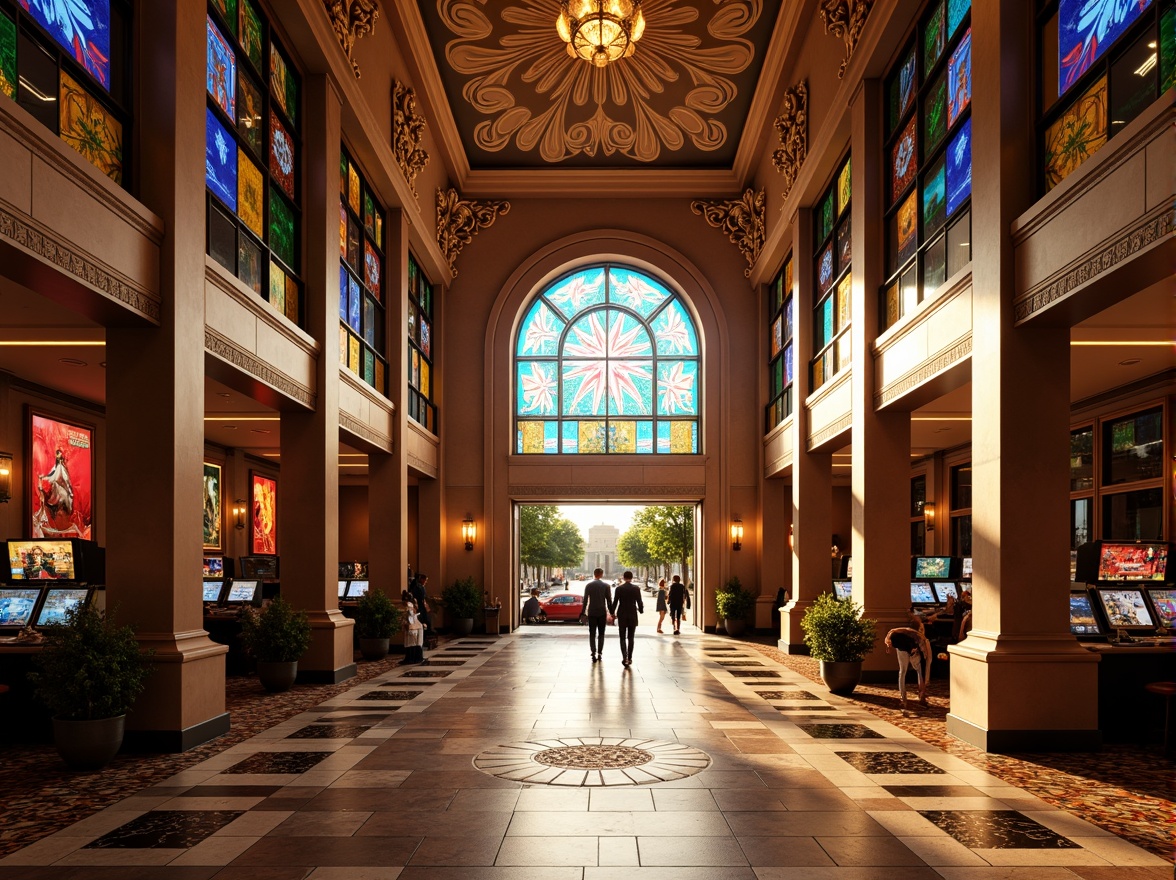 Prompt: Elegant casino facade, grandiose columns, ornate details, lavish decorations, vibrant neon lights, gleaming metallic accents, polished marble floors, intricate mosaics, stained glass windows, symmetrical composition, shallow depth of field, 1/2 camera angle, warm soft lighting, afternoon sunlight, subtle shadows, rich textures, ambient occlusion.Please let me know if this meets your requirements!