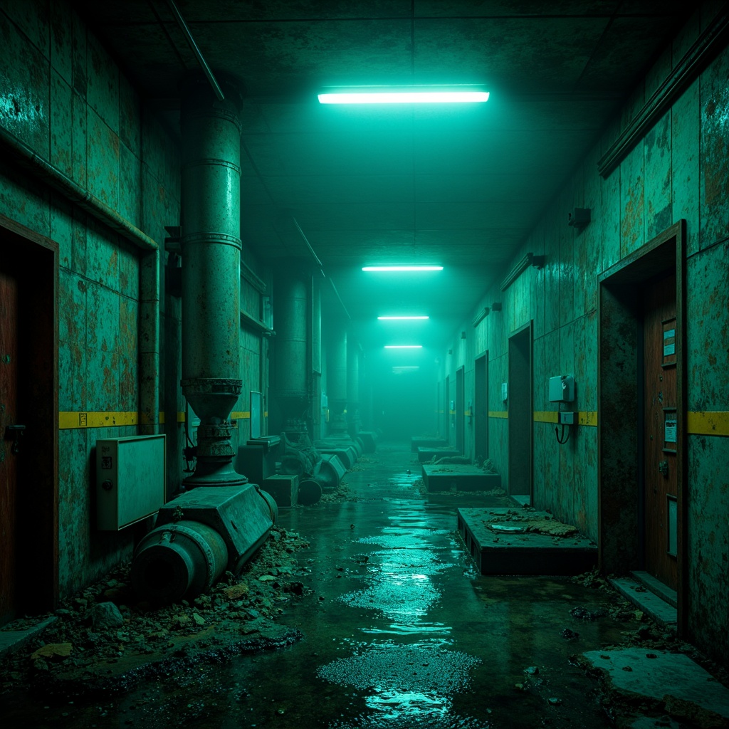 Prompt: Moody dark cyan accents, mysterious underwater ambiance, eerie bioluminescent lighting, abstract oceanic patterns, futuristic sci-fi elements, metallic silver highlights, neon green undertones, ominous foggy atmosphere, abandoned underwater facility, distressed concrete textures, rusty mechanical details, dimly lit corridors, 3/4 composition, cinematic depth of field, realistic water effects.