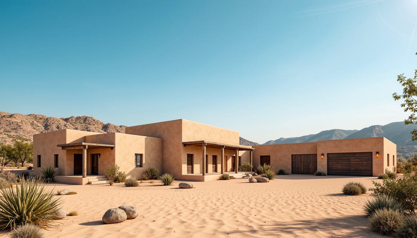 Prompt: Desert landscape, sandy dunes, cactus plants, hot sunny day, clear blue sky, vast open space, earthy tone buildings, adobe-inspired structures, warm beige walls, terracotta roof tiles, rustic wooden doors, metal accents, vibrant turquoise accents, bold red-orange hues, soft peach tones, natural textures, ambient occlusion, 3/4 composition, panoramic view, realistic renderings, subtle gradient mapping.