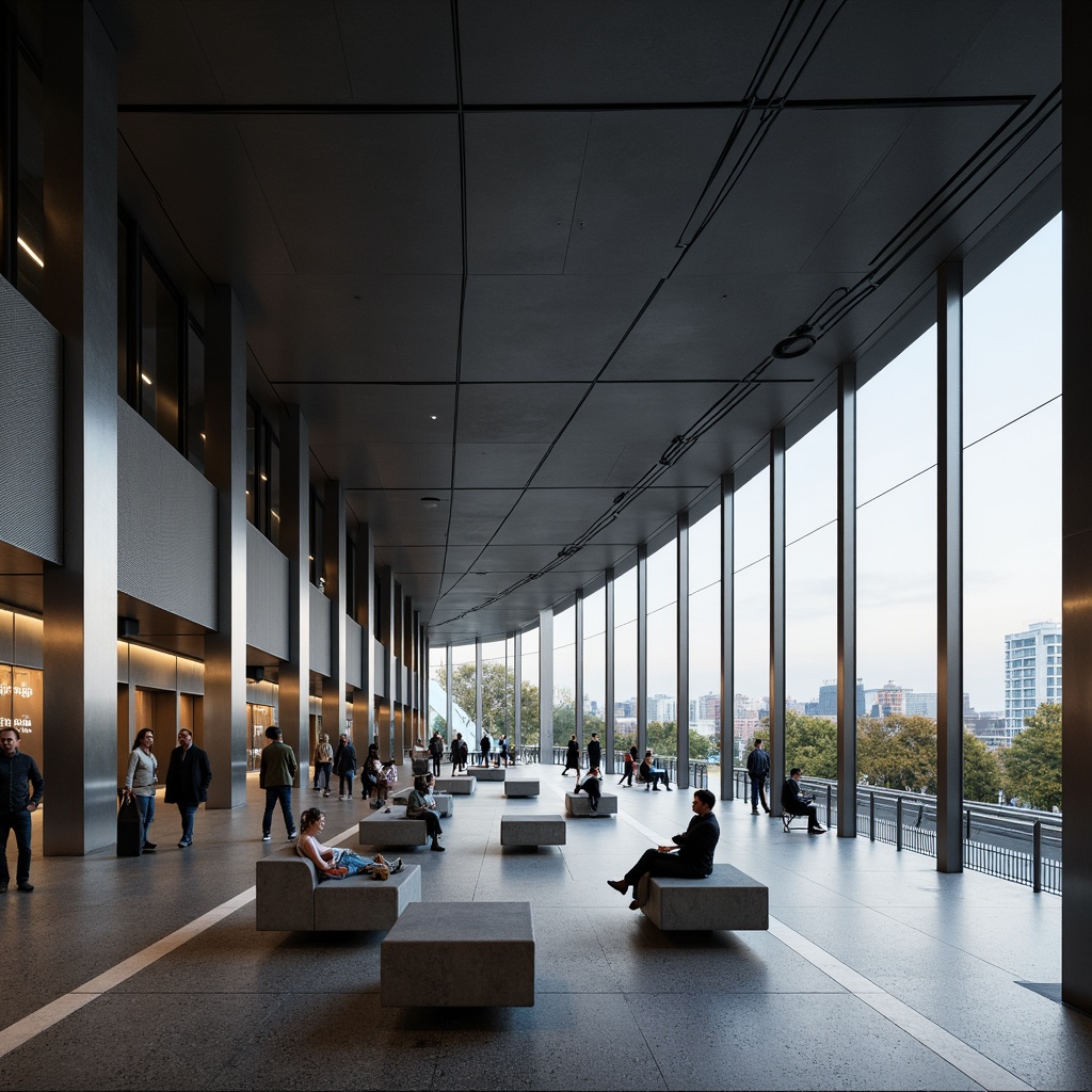 Prompt: Modern metro station, sleek minimalistic design, clean lines, monochromatic color scheme, stainless steel columns, polished concrete floors, geometric-shaped benches, subtle ambient lighting, LED signage, urban landscape views, rush hour crowds, dynamic angular architecture, futuristic feel, high ceilings, open spaces, natural stone accents, metallic textures, 1/1 composition, shallow depth of field, soft warm lighting.