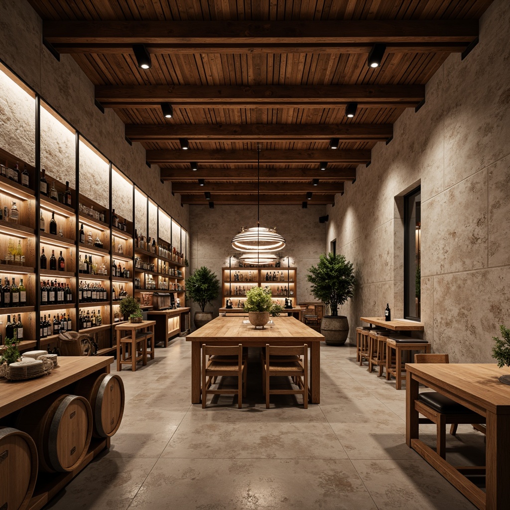 Prompt: Rustic winery interior, minimal decor, reclaimed wood accents, stone walls, wooden barrels, industrial metal beams, modern minimalist chandeliers, sleek wine racks, glass-enclosed wine cellar, natural stone flooring, earthy color palette, warm ambient lighting, shallow depth of field, 1/1 composition, realistic textures, subtle reflections.