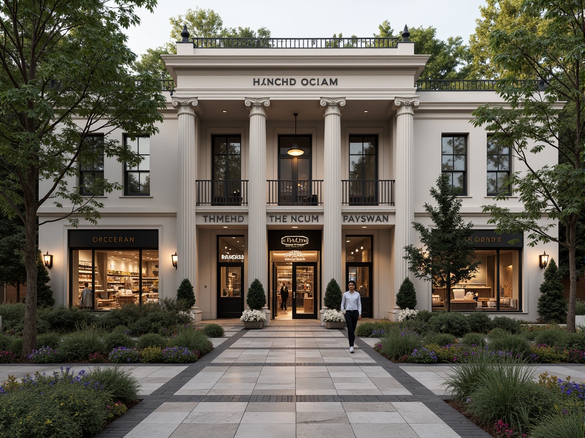 Prompt: Grand neoclassical grocery store facade, ornate Corinthian columns, symmetrical entrance, lush greenery, topiary trees, flower beds, granite pavement, historic street lamps, vintage-inspired signage, elegant window displays, neutral color palette, soft natural lighting, 1/1 composition, shallow depth of field, subtle textures, ambient occlusion.