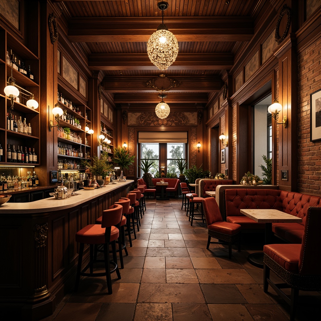 Prompt: Richly textured bar interior, ornate wooden accents, metallic sheen, velvety upholstery, distressed brick walls, rustic stone floors, lavish chandeliers, grandiose architectural details, opulent fabrics, intricate carvings, warm atmospheric lighting, cinematic shadows, 1/2 composition, close-up shots, selective focus, shallow depth of field, dramatic contrast.