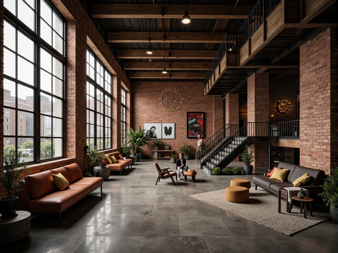 Prompt: Exposed brick walls, industrial metal beams, reclaimed wood accents, urban loft atmosphere, converted warehouse feel, high ceilings, large windows, minimalist decor, modern art pieces, eclectic furniture, concrete floors, Edison bulb lighting, metal staircases, open floor plans, cozy reading nooks, vibrant street art, gritty urban textures, moody atmospheric lighting, dramatic shadows, 1/1 composition, cinematic view, realistic reflections, subtle ambient occlusion.