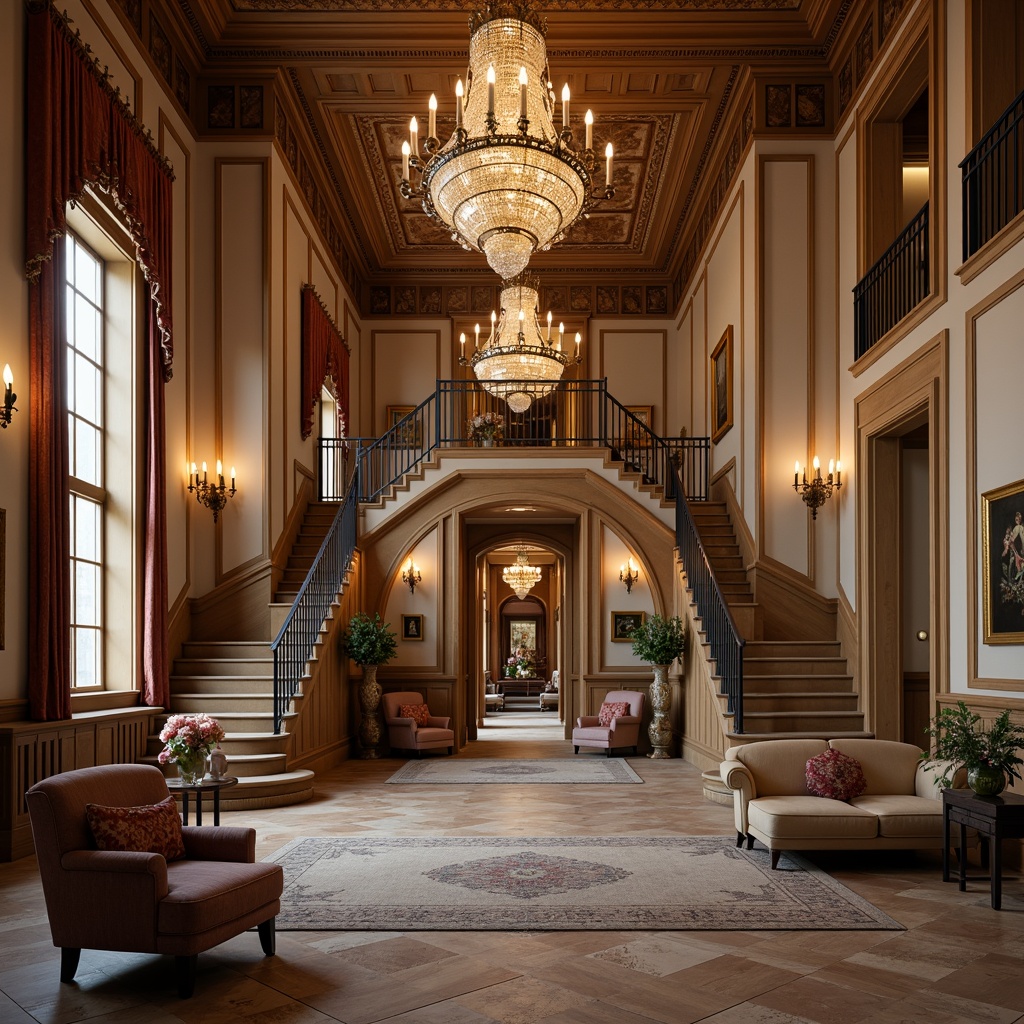 Prompt: Elegant mansion, ornate columns, intricately carved wood paneling, lavish chandeliers, grand staircases, polished marble floors, richly textured velvet upholstery, antique furniture pieces, soft warm lighting, subtle color palette, neutral tone walls, gilded frames, classic oil paintings, ornamental vases, subtle patterned rugs, high ceilings, symmetrical composition, 1/1 aspect ratio, shallow depth of field, warm atmospheric effects.