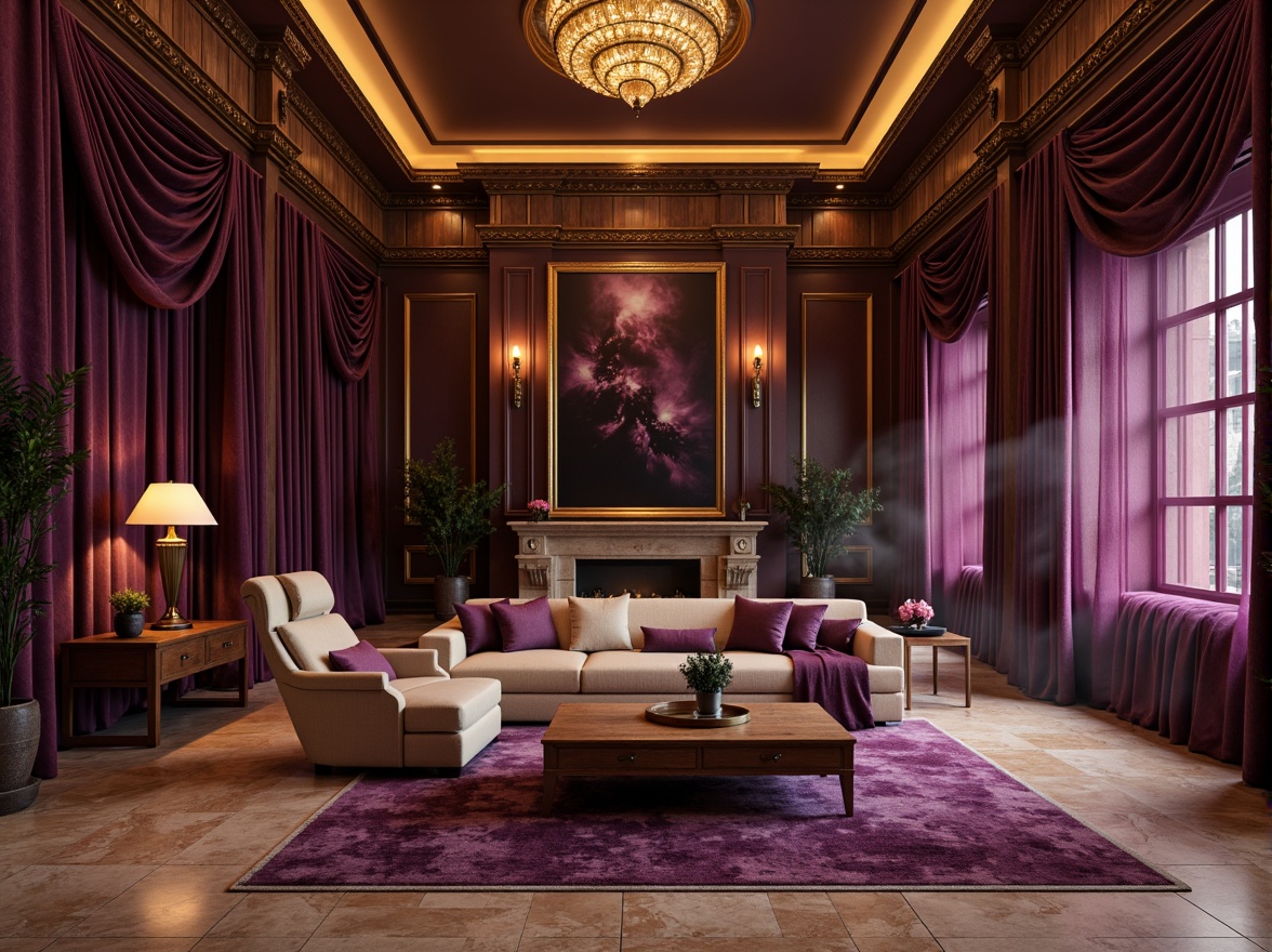 Prompt: Rich plum hues, luxurious velvet textures, warm golden lighting, ornate Baroque details, lavish furnishings, opulent drapery, regal purple accents, mysterious dark woods, sophisticated neutral tones, creamy marble surfaces, elegant curved lines, dramatic high ceilings, soft focus blur, 1/2 composition, atmospheric misty effects, cinematic color grading.