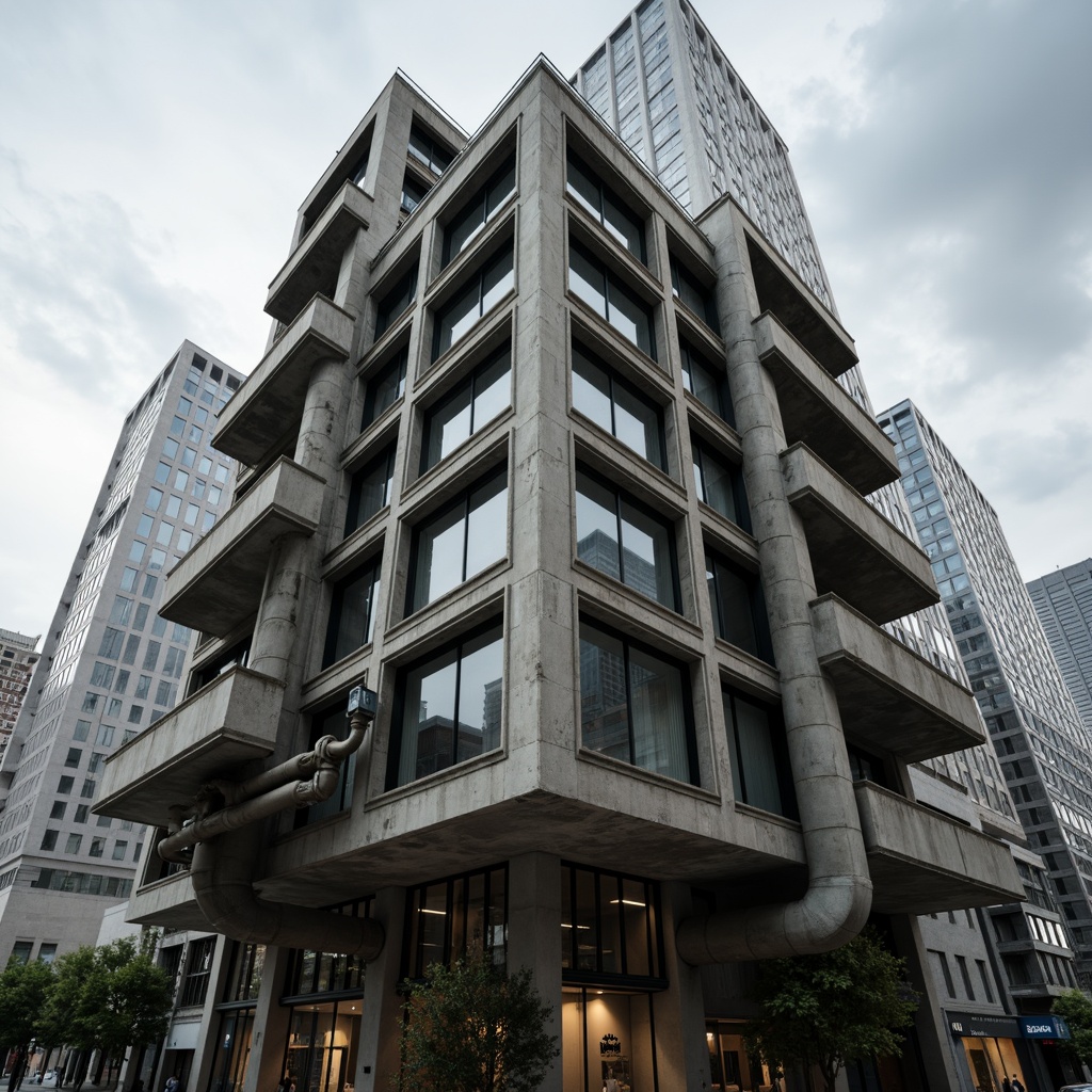 Prompt: Fortified skyscraper, rugged concrete textures, brutalist architecture, industrial-style pipes, exposed ductwork, raw metal beams, dramatic cantilevered sections, asymmetrical compositions, geometric patterns, urban cityscape, cloudy grey sky, strong contrast lighting, high-contrast shadows, cinematic atmosphere, moody ambient Occlusion, 1-point perspective, realistic weathering effects.