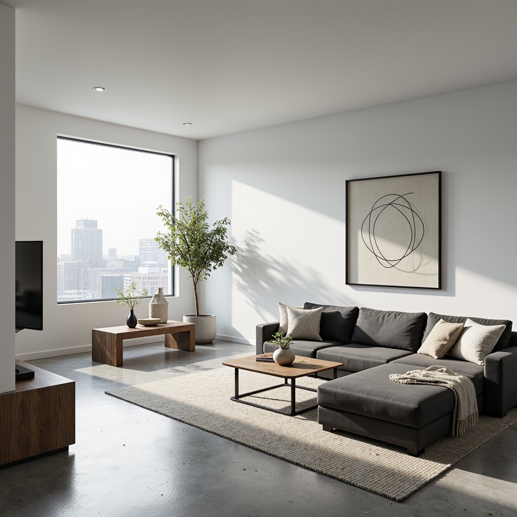 Prompt: Sleek living room, minimalist decor, monochromatic color scheme, low-profile furniture, polished concrete floors, white walls, floor-to-ceiling windows, natural light, subtle textures, geometric shapes, simple patterns, industrial-chic accents, modern art pieces, sparse greenery, ambient soft lighting, 1/1 composition, shallow depth of field, realistic reflections.