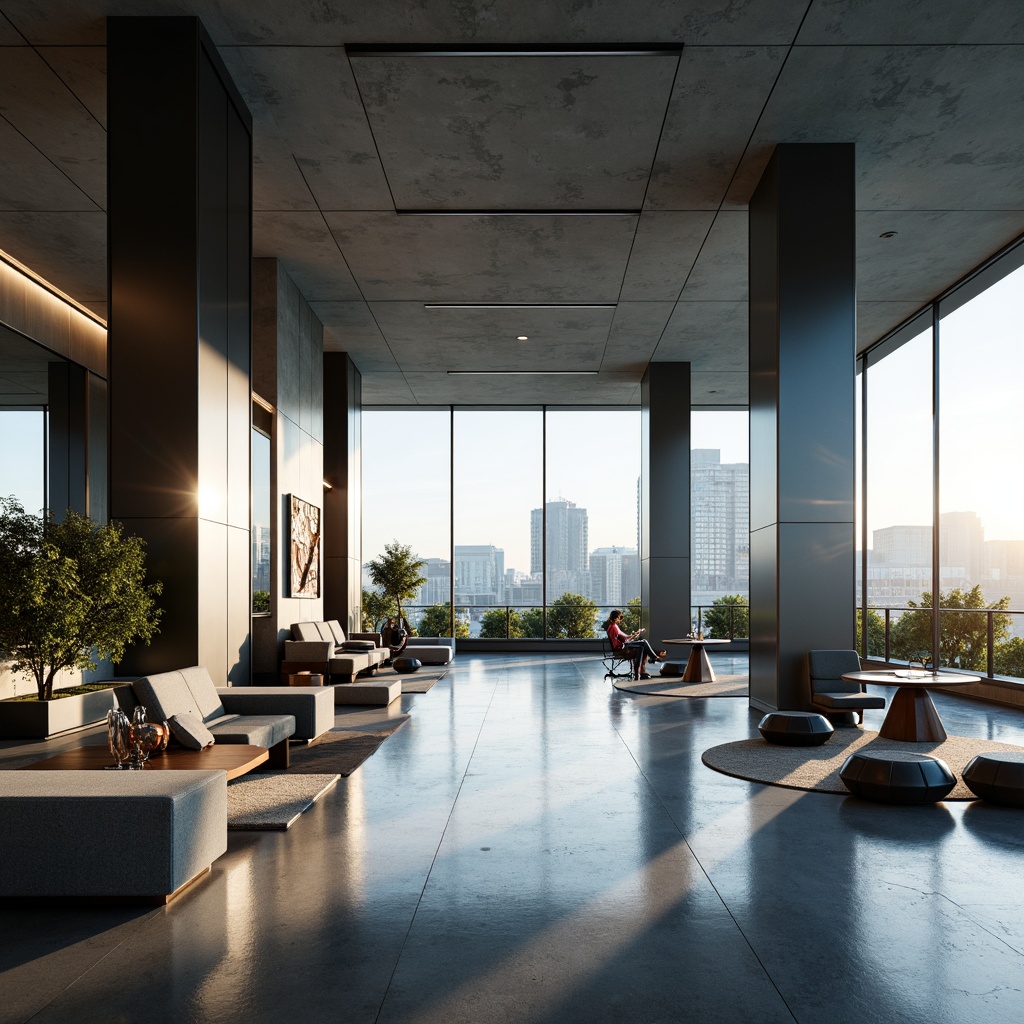 Prompt: Futuristic interior space, sleek metallic walls, polished concrete floors, minimalist decor, floor-to-ceiling windows, abundant natural light, smart home automation systems, LED ambient lighting, modular furniture designs, ergonomic chairs, futuristic workstations, high-gloss finishes, reflective surfaces, geometric patterns, modern art pieces, urban cityscape views, morning sunlight, shallow depth of field, 1/1 composition, realistic textures, ambient occlusion.