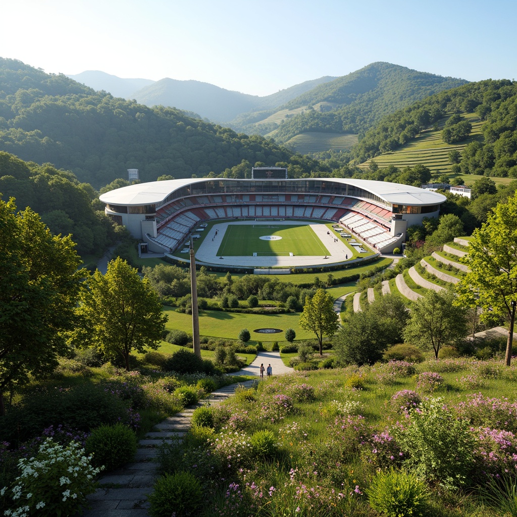 Prompt: Panoramic sports stadium, lush greenery, rolling hills, natural stone retaining walls, curved lines, modern architecture, cantilevered roofs, large windows, glass facades, vibrant flowers, sunny day, soft warm lighting, shallow depth of field, 3/4 composition, realistic textures, ambient occlusion, integrated landscape design, eco-friendly materials, sustainable water management systems, rainwater harvesting, green roofs, living walls, native plant species, organic shapes, flowing curves, dynamic forms, futuristic details.