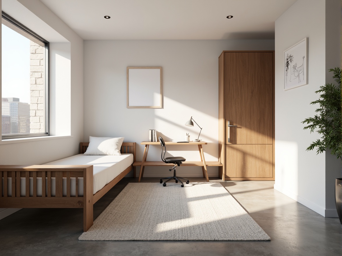 Prompt: Minimalist dorm room, simple bed frame, solid wood desk, ergonomic chair, industrial metal lamp, concrete floors, white walls, natural light, wooden accents, geometric patterns, monochromatic color scheme, soft warm lighting, shallow depth of field, 1/1 composition, realistic textures, ambient occlusion.