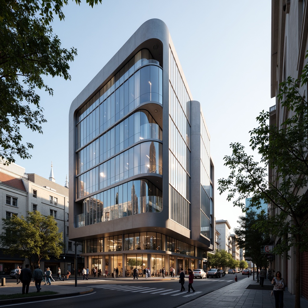 Prompt: Curved building facade, aerodynamic shapes, metallic materials, reflective glass surfaces, angular lines, minimalist design, modern streamline moderne style, futuristic aesthetic, urban cityscape, busy streets, morning sunlight, soft warm lighting, shallow depth of field, 3/4 composition, panoramic view, realistic textures, ambient occlusion.