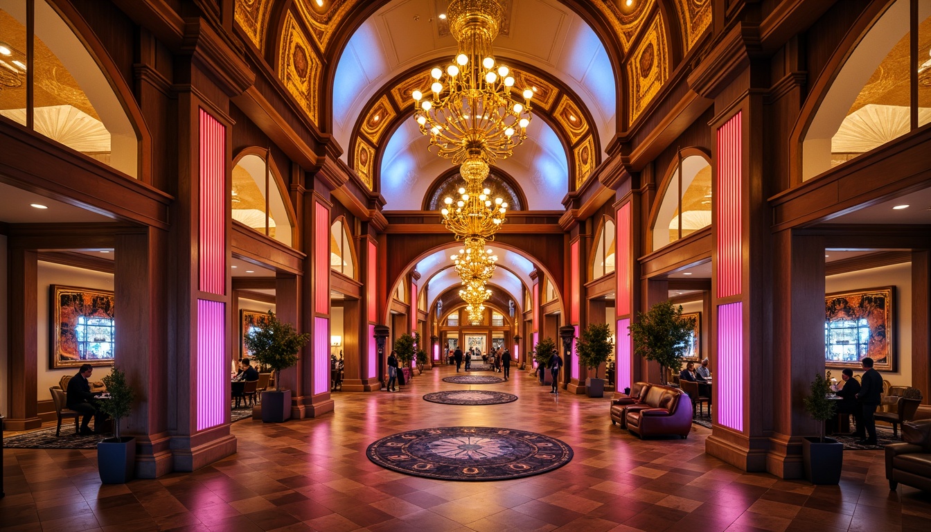 Prompt: Elegant casino facade, ornate columns, grand entrance, vibrant neon lights, intricate stonework, curved archways, luxurious materials, polished marble floors, opulent chandeliers, lavish decorations, academic-inspired architecture, classical proportions, symmetrical composition, warm golden lighting, shallow depth of field, 1/2 composition, realistic textures, ambient occlusion.