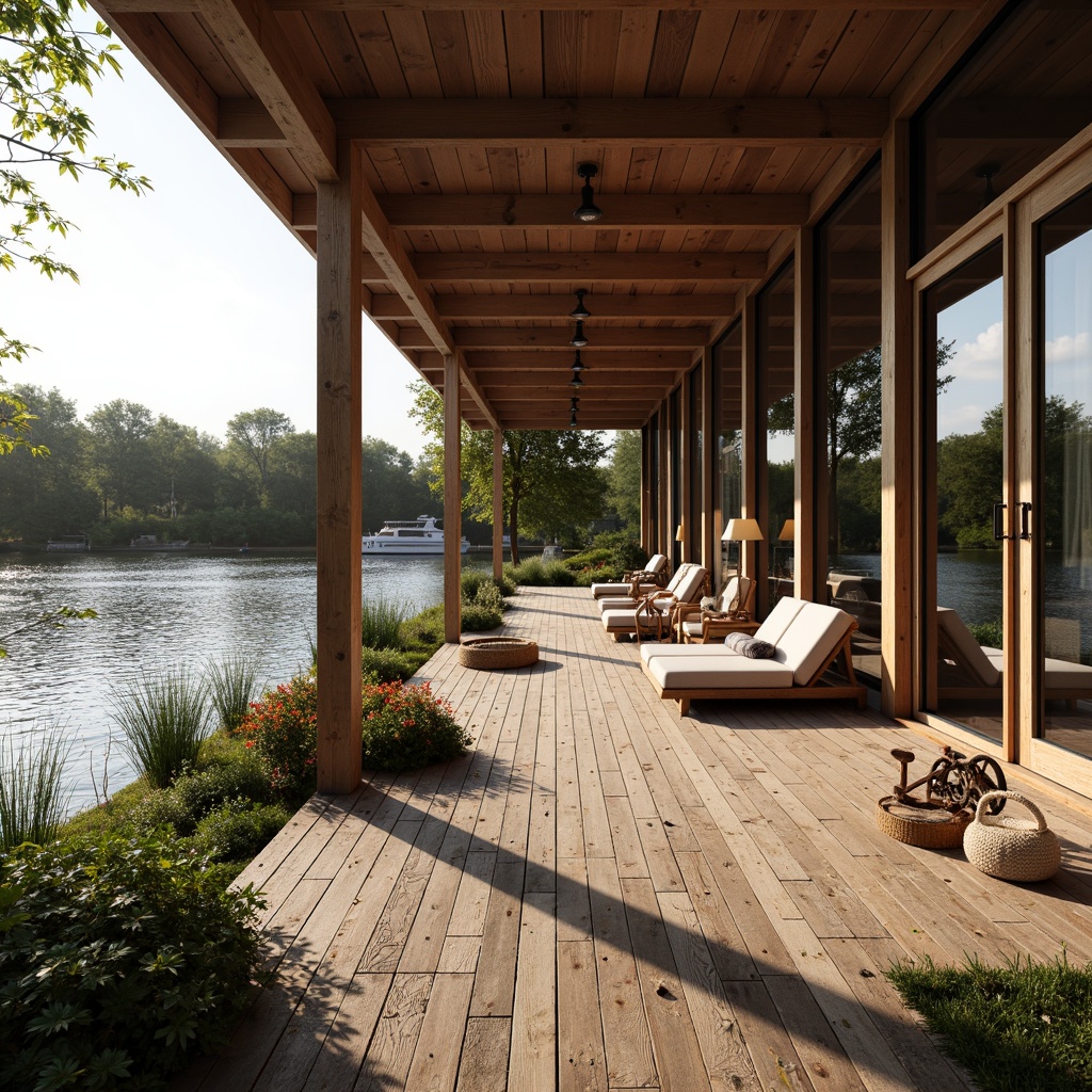 Prompt: Waterfront boathouse, rustic wooden dock, weathered wooden planks, nautical ropes, vintage boat wheels, aquatic plants, serene lake views, sunny afternoon, warm soft lighting, shallow depth of field, 3/4 composition, natural textures, ambient occlusion, wooden accents, copper fixtures, modern minimalist interior, cozy lounge seating, floor-to-ceiling windows, sliding glass doors.