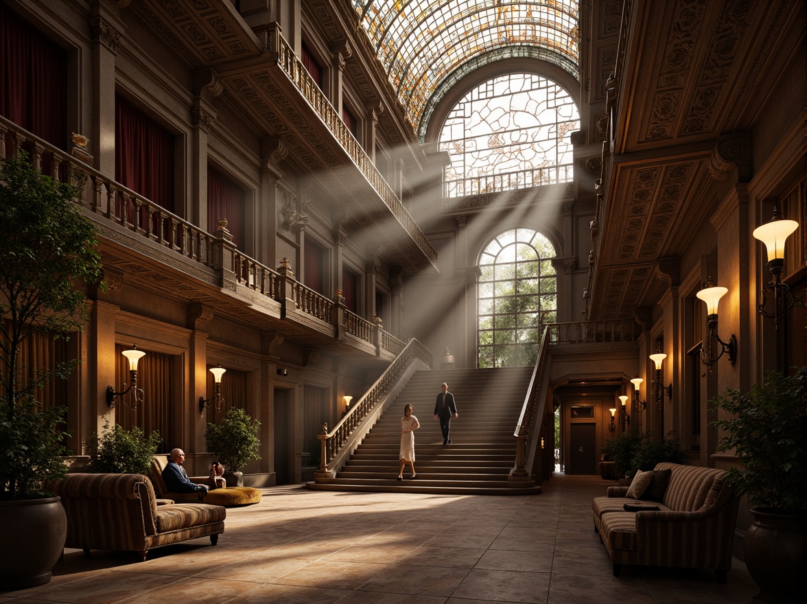 Prompt: Intricate ornateness, flowing curves, luxurious materials, grandiose staircases, sweeping archways, majestic columns, ornate metalwork, stained glass ceilings, intricate mosaics, velvet drapes, gilded frames, cinematic lighting, dramatic shadows, low-key illumination, atmospheric fog, mysterious ambiance, 3/4 composition, symmetrical framing, warm golden tones, soft focus, shallow depth of field, realistic textures.