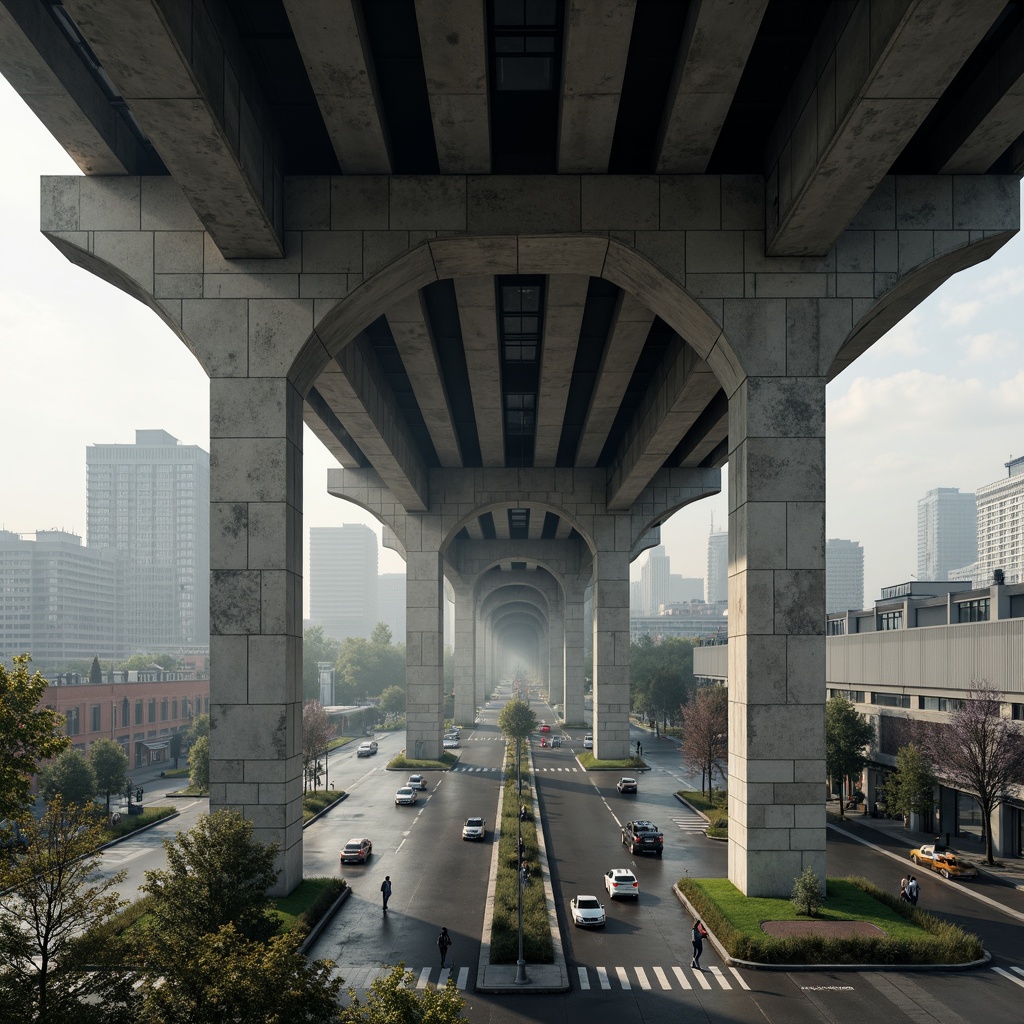 Prompt: Rugged concrete bridge, brutalist architecture, functional simplicity, exposed ductwork, raw steel beams, urban cityscape, busy traffic flow, industrial landscape, weathered stone walls, monumental pillars, cantilevered walkways, asymmetrical composition, dramatic shadows, harsh natural light, misty morning atmosphere, shallow depth of field, 2/3 composition, realistic textures, ambient occlusion.