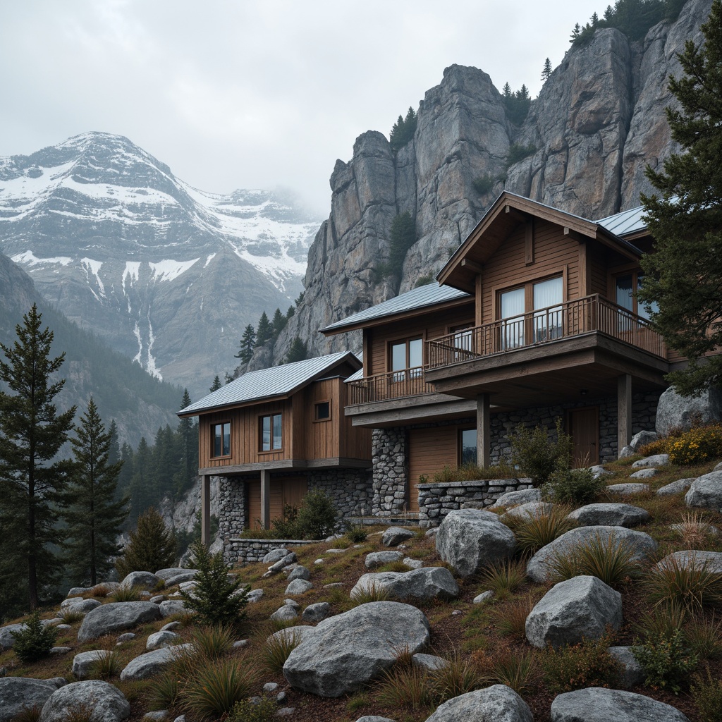 Prompt: Rugged mountain landscape, snow-capped peaks, rustic wooden cabins, natural stone foundations, earthy tones, weathered metal roofs, reclaimed wood accents, industrial steel beams, frosted glass windows, earth-toned brick facades, cantilevered structures, asymmetrical compositions, misty atmospheric lighting, shallow depth of field, 2/3 composition, realistic rock textures, ambient occlusion.