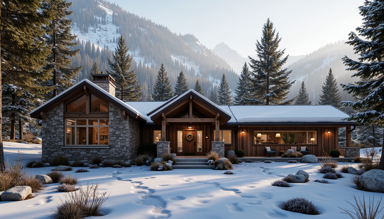 Prompt: Rustic mountain lodge, natural stone fa\u00e7ade, wooden accents, earthy tones, rugged texture, reclaimed wood beams, metal roofing, snow-covered peaks, pine forest surroundings, misty morning atmosphere, soft warm lighting, shallow depth of field, 1/1 composition, realistic textures, ambient occlusion.