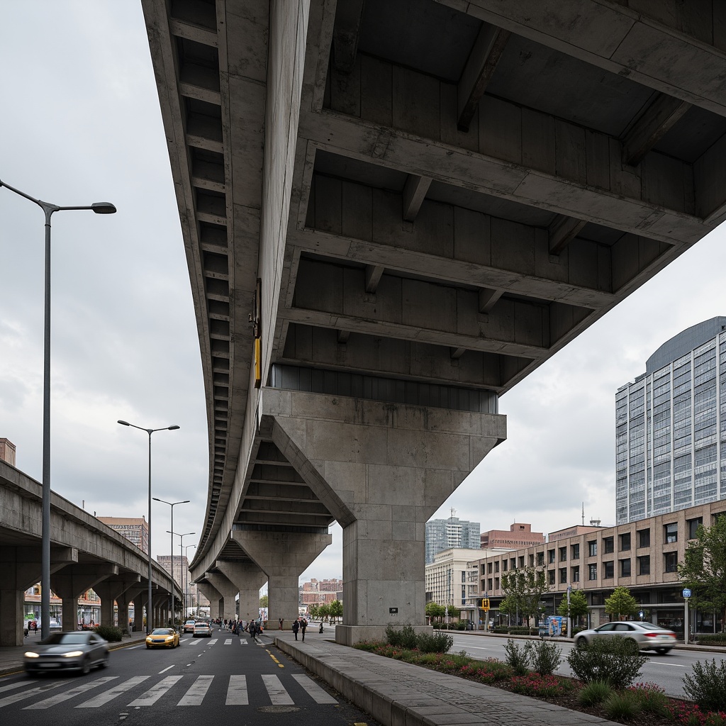 Prompt: Rugged brutalist bridge, exposed concrete structure, raw unfinished textures, industrial-style lighting, functional simplicity, urban cityscape, busy highway, steel beam supports, poured concrete piers, geometric forms, angular lines, minimalist aesthetic, functional walkways, pedestrian access, vehicular traffic flow, urban infrastructure, gray cloudy day, dramatic shadows, high contrast lighting, 3/4 composition, architectural photography, realistic rendering.