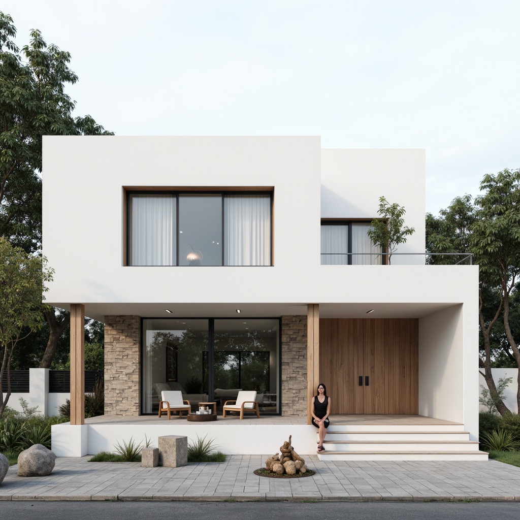 Prompt: Simple white facade, clean lines, minimal ornaments, flat roof, large windows, sliding glass doors, natural stone walls, wooden accents, subtle textures, calm atmosphere, soft diffused lighting, shallow depth of field, 2/3 composition, symmetrical arrangement, monochromatic color scheme, industrial materials, functional simplicity, urban context, modern cityscape, greenery accents, abstract sculptures, neutral tone, serene ambiance.