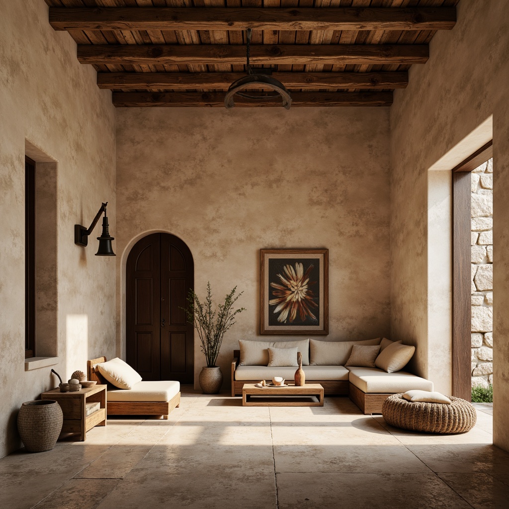 Prompt: Rustic plaster walls, earthy tones, rough-hewn textures, traditional Mediterranean architecture, ornate archways, decorative cornices, soft warm lighting, shallow depth of field, 1/1 composition, realistic renderings, ambient occlusion, aged stone accents, distressed wooden beams, vintage furnishings, cozy intimate spaces, natural earth colors, tactile materiality.