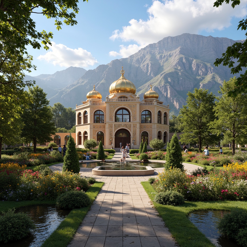 Prompt: Majestic Byzantine palace, lush greenery, tranquil water features, ornate mosaics, golden domes, intricate stone carvings, vibrant flower gardens, meandering pathways, majestic mountain backdrop, warm sunlight, soft shadows, ambient lighting, 1/1 composition, symmetrical framing, realistic textures, detailed normal maps.