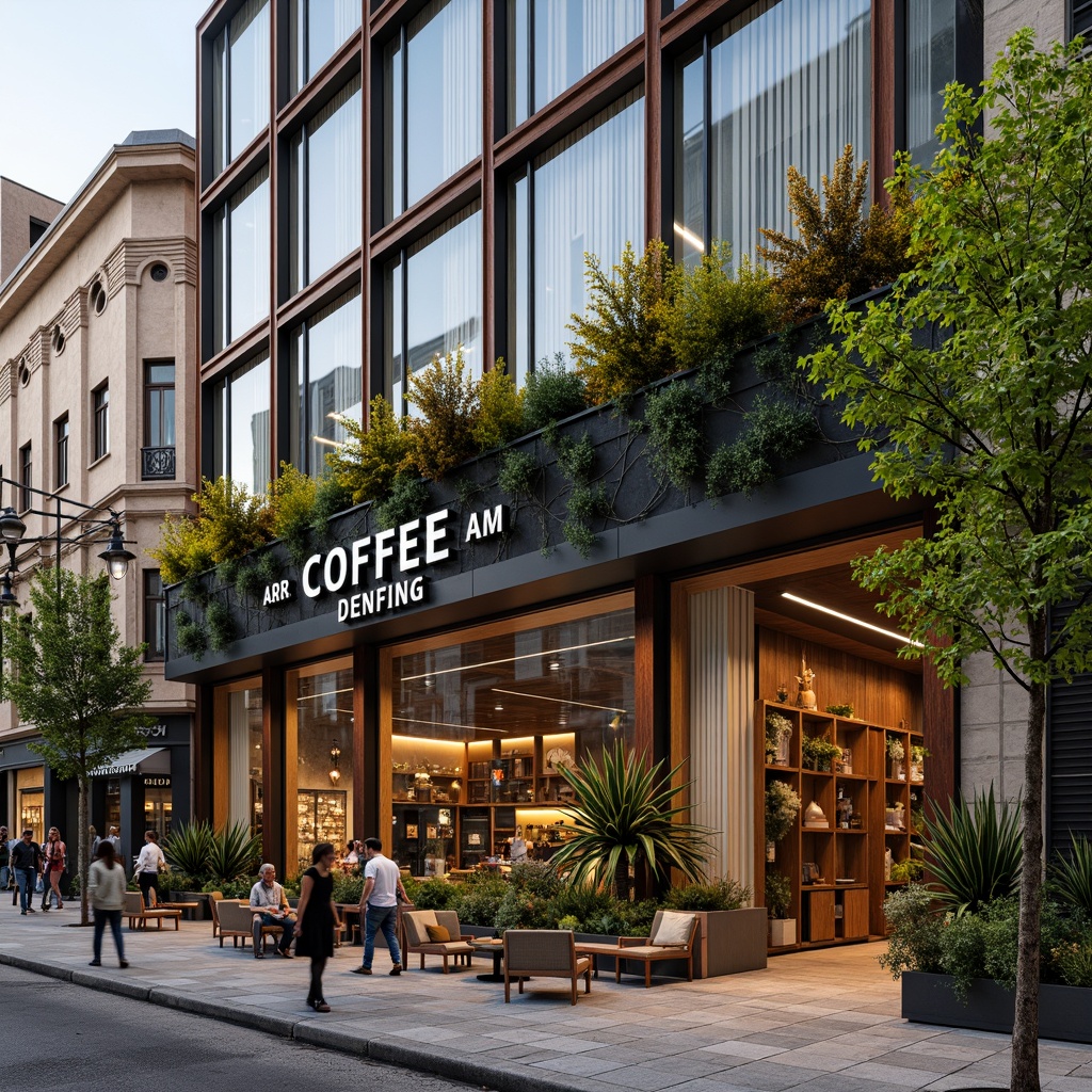 Prompt: Vibrant coffee shop exterior, modern facade design, large glass windows, wooden accents, industrial metal frames, reclaimed wood cladding, living green walls, urban cityscape, busy street scene, morning sunlight, warm atmospheric lighting, shallow depth of field, 1/2 composition, realistic textures, ambient occlusion, minimalist signage, copper or bronze details, eclectic furniture arrangement, cozy outdoor seating area, lush potted plants, natural stone pavement.