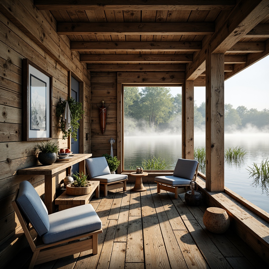 Prompt: Rustic boathouse, weathered wood accents, earthy tones, natural textures, lake-inspired hues, serene water reflections, misty mornings, warm sunlight, soft gentle lighting, shallow depth of field, 1/2 composition, realistic wood grains, ambient occlusion, vibrant nautical colors, navy blues, crisp whites, warm beige, rich browns, aquatic-inspired patterns, distressed finishes, cozy interior atmosphere.