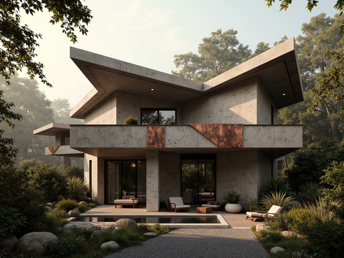 Prompt: Rugged villa exterior, brutalist architecture style, weathered stone walls, rough-hewn concrete textures, industrial metal accents, oxidized copper details, dramatic cantilevered roofs, angular geometric forms, dense forest surroundings, misty atmosphere, warm golden lighting, shallow depth of field, 1/2 composition, realistic material renderings, ambient occlusion.