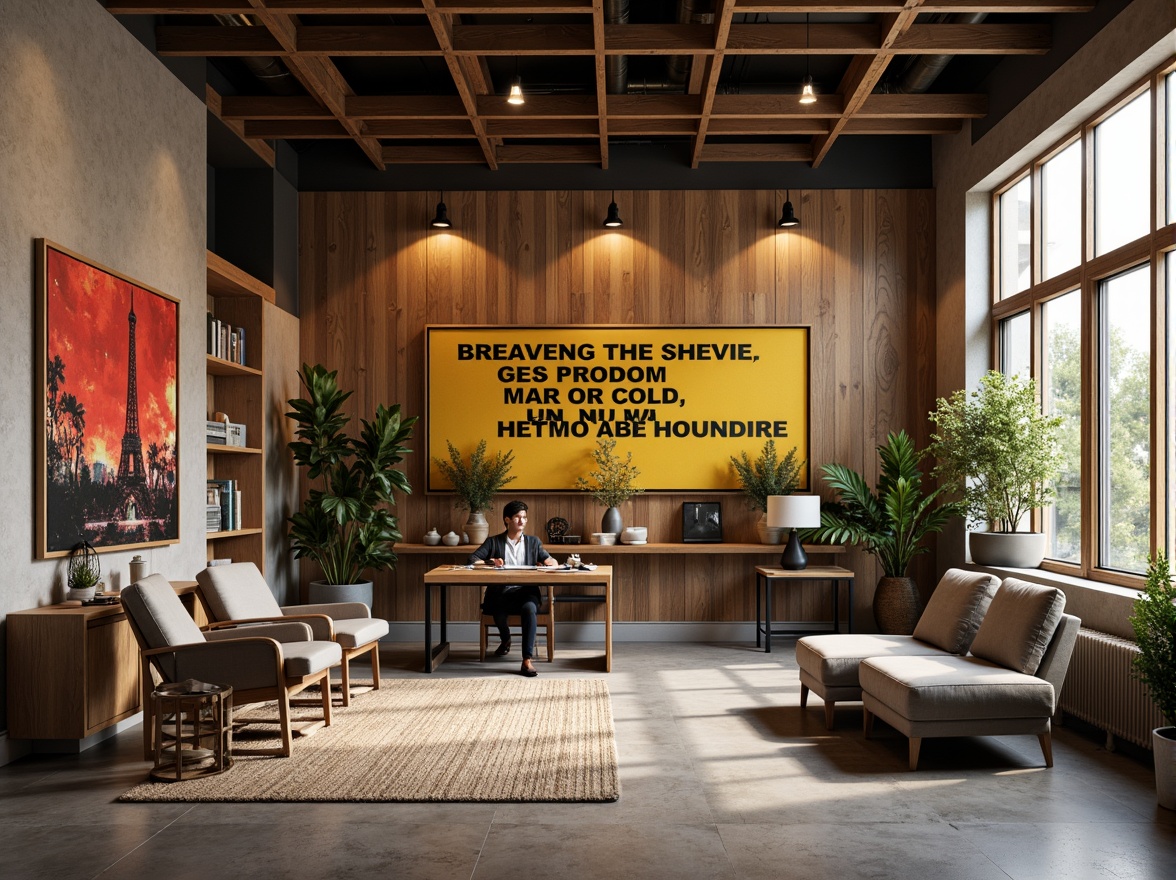 Prompt: Vibrant design studio, modern workspace, ergonomic furniture, abstract artwork, bold typography, rich wood accents, industrial metal tones, warm beige walls, cool gray floors, accent lighting, softbox shadows, 1/2 composition, atmospheric perspective, realistic reflections, subtle texture overlays.