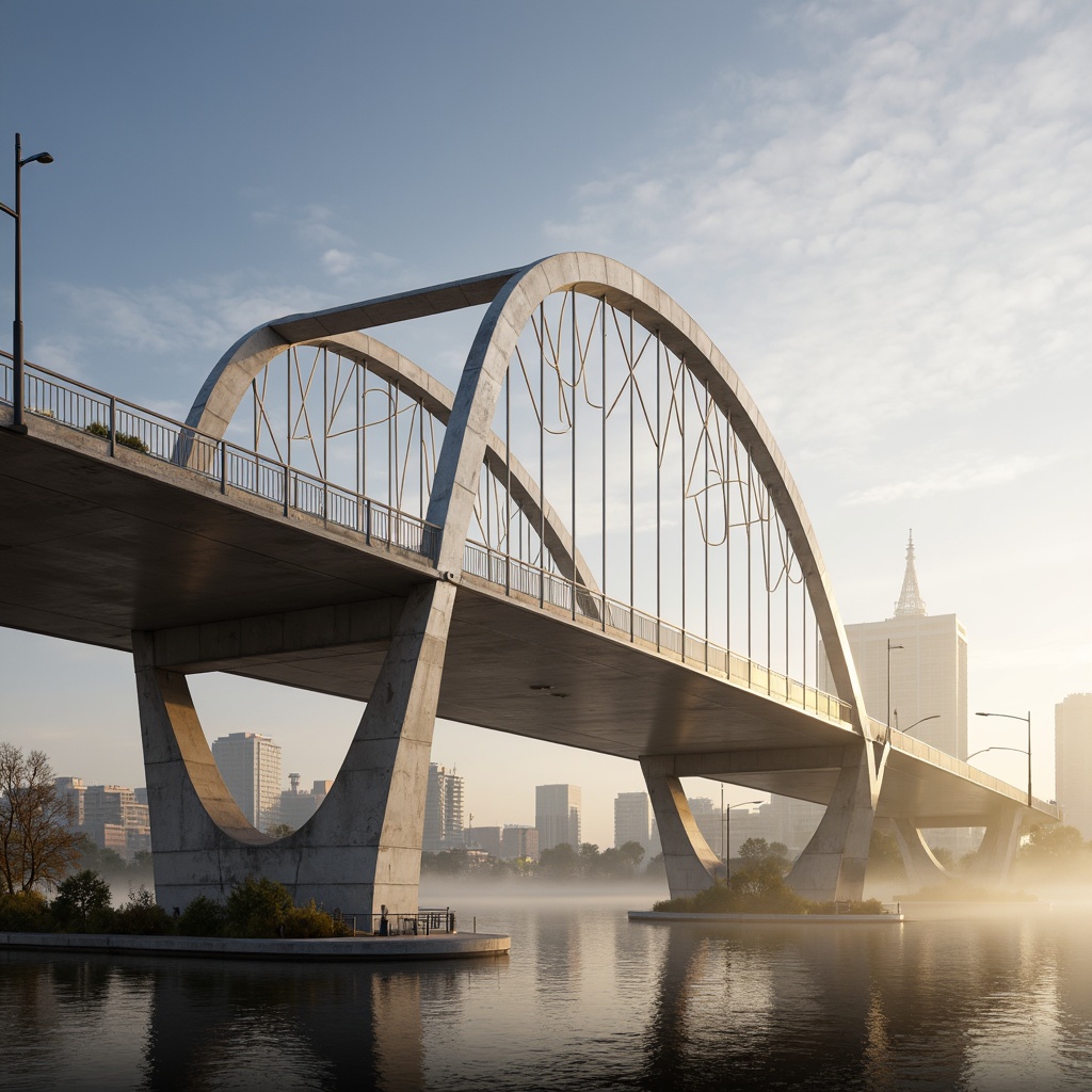 Prompt: Futuristic vehicular bridge, curved structural lines, metallic beams, reinforced concrete piers, suspension cables, angular support columns, modern urban landscape, city skyline, morning fog, soft golden lighting, shallow depth of field, 2/3 composition, low-angle shot, realistic reflections, ambient occlusion.