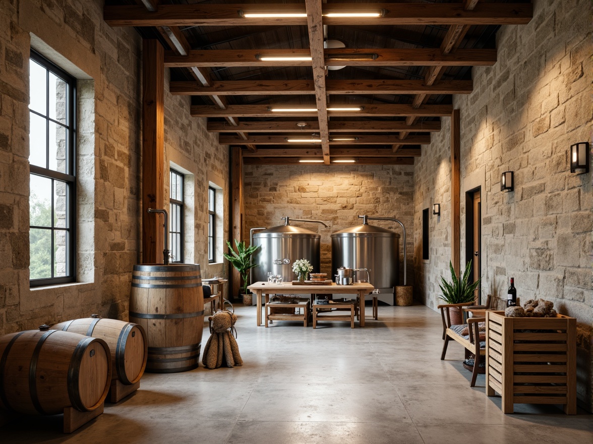 Prompt: Minimalist winery interior, rustic stone walls, reclaimed wood accents, industrial metal beams, polished concrete floors, modern wine barrels, sleek steel fermentation tanks, wooden crates, vintage wine-making equipment, natural textiles, earthy color palette, warm soft lighting, shallow depth of field, 1/1 composition, symmetrical framing, realistic wood grain textures, ambient occlusion.