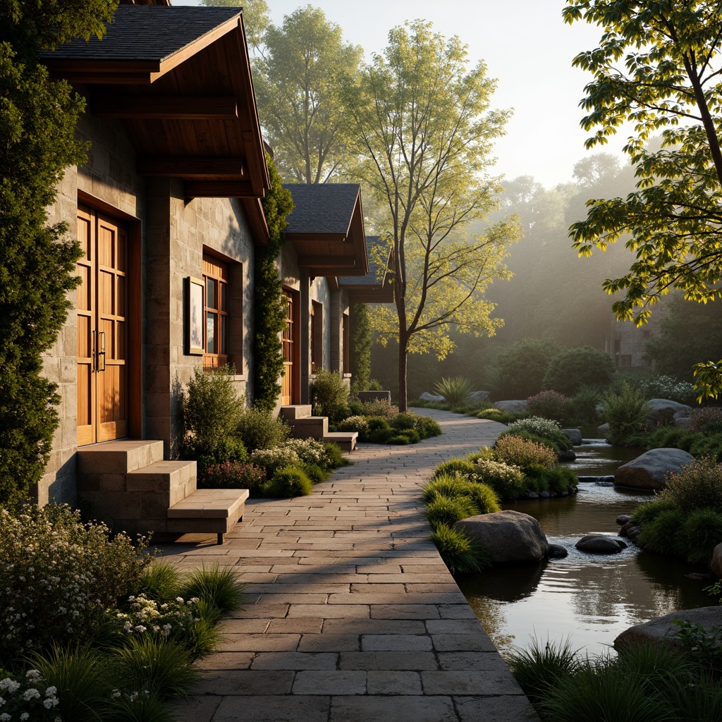 Prompt: Rustic hostel facade, vintage wooden doors, ivy-covered walls, soft warm lighting, cozy atmosphere, natural stone pathways, lush greenery, blooming flowers, serene water features, meandering streams, tranquil forest surroundings, misty morning fog, warm golden sunlight, 3/4 composition, shallow depth of field, panoramic view, realistic textures, ambient occlusion.