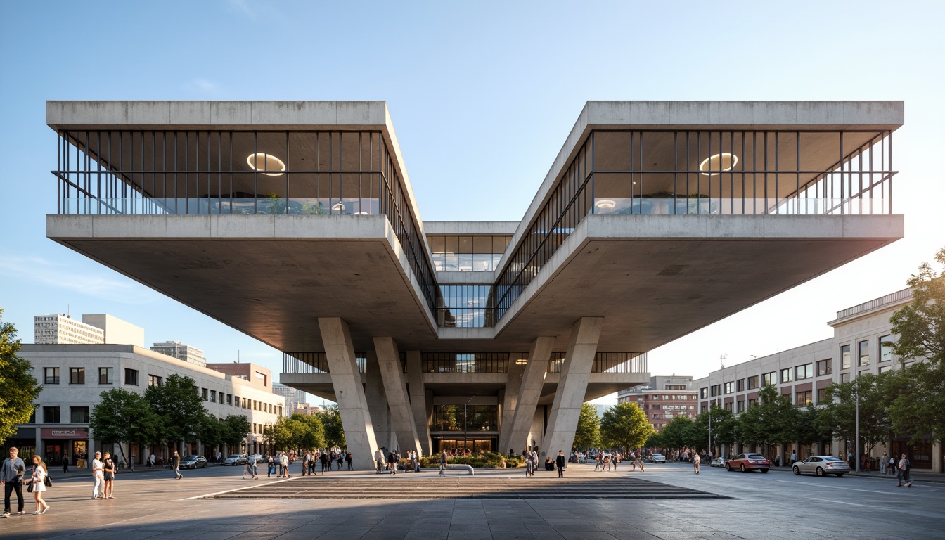 Prompt: Monumental memorial center, asymmetrical facade, cantilevered roofs, rectangular forms, industrial materials, exposed concrete, steel frames, minimal ornamentation, functional simplicity, bold color blocking, abstract patterns, geometric shapes, urban landscape, city square, afternoon sunlight, high-contrast lighting, dramatic shadows, 1/1 composition, symmetrical framing, realistic textures, subtle ambient occlusion.