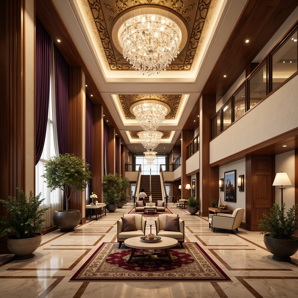 Prompt: Luxurious hotel lobby, ornate chandeliers, marble flooring, velvet drapes, golden accents, intricate moldings, rich wood paneling, plush area rugs, grand staircase, crystal fixtures, lavish furnishings, dramatic lighting effects, warm beige tones, regal purple hues, soft cream textures, elaborate ceiling designs, opulent decorative patterns, 3/4 composition, atmospheric perspective, realistic reflections.