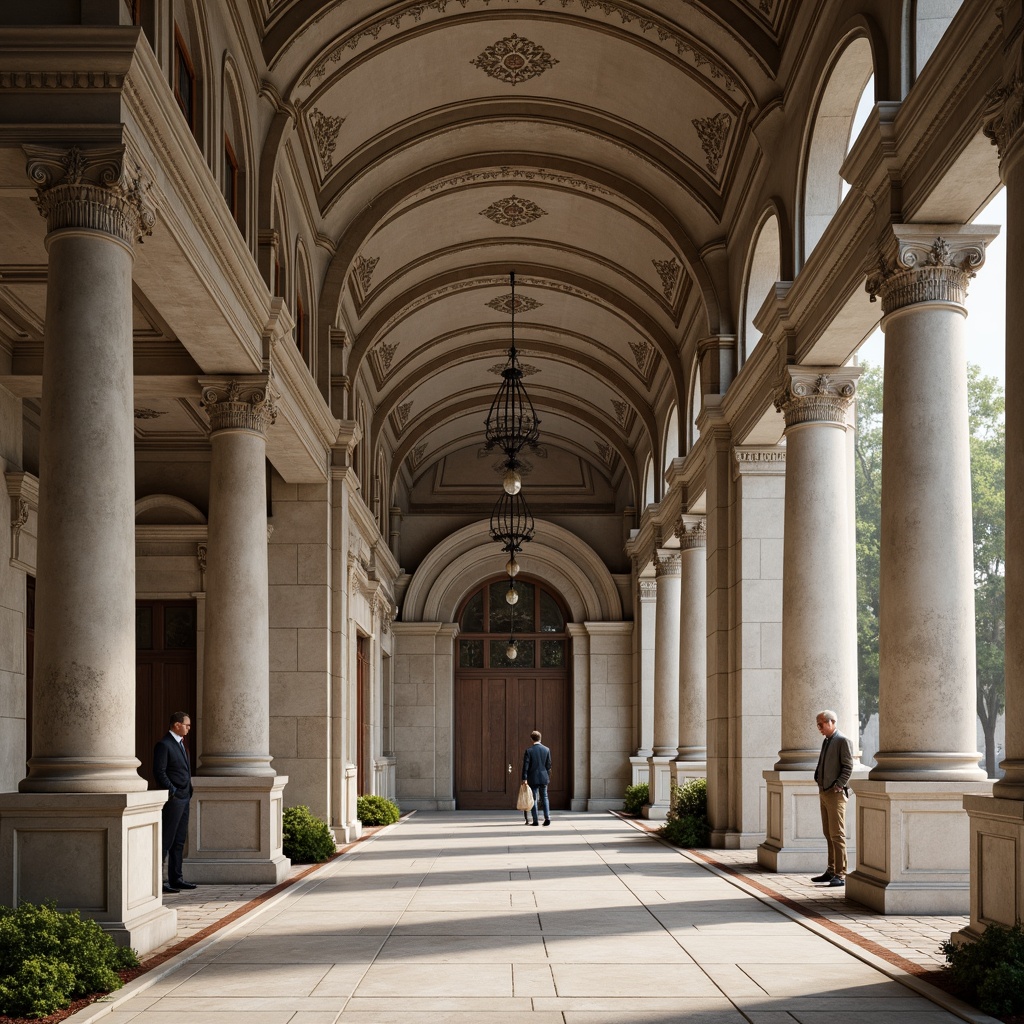 Prompt: Elegant neoclassical facade, ornate columns, intricately carved details, grand entranceways, symmetrical composition, rusticated stone walls, classical orders, decorative pilasters, ornamental pediments, vaulted ceilings, sweeping arches, refined moldings, subtle color palette, soft natural lighting, nuanced shadow play, atmospheric perspective, 1/2 composition, realistic textures, ambient occlusion.